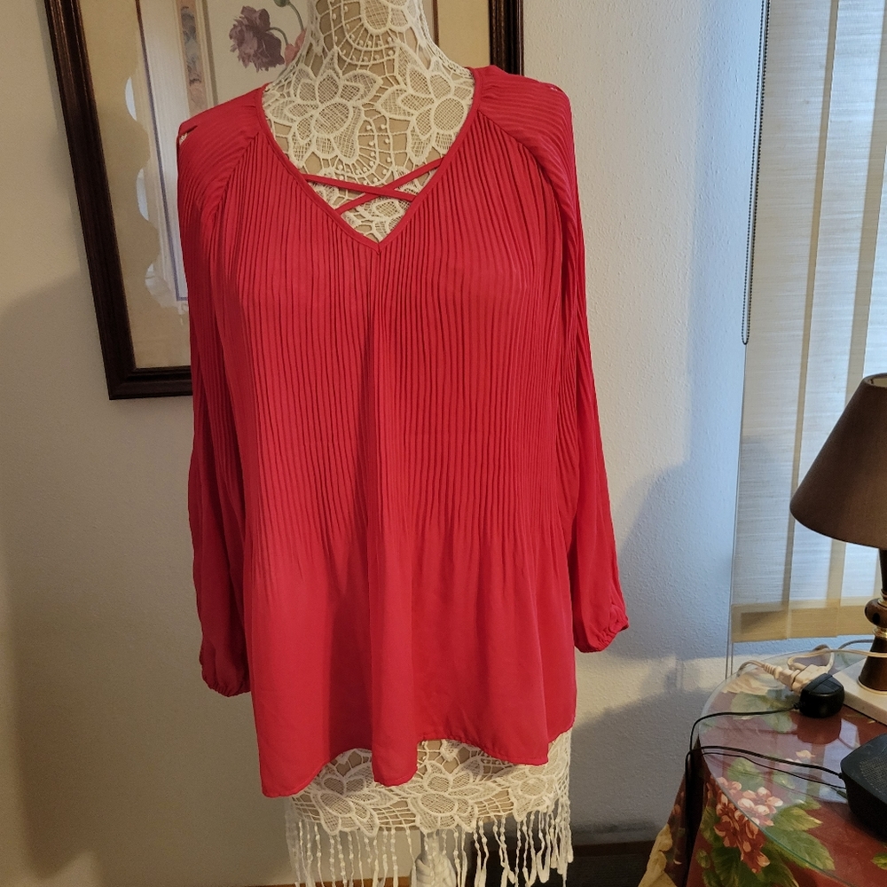 CATO bright pink cold shoulder peasant top.